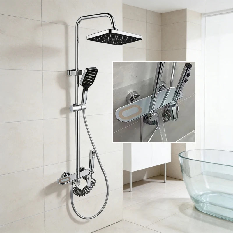 Four Ways Water Outlet Brass Bathroom Shower Set Hot Cold Bathroom Shower Faucet Full Set Grey/Chrome Rainlfall Shower System