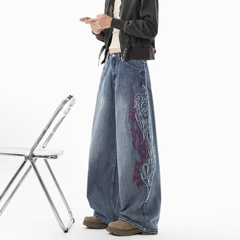 New Y2K Flame Embroidered Streetwear Flared Jeans For Man Hip Hop Fashion Straight Baggy Denim Pants Harajuku Streetwear Jean
