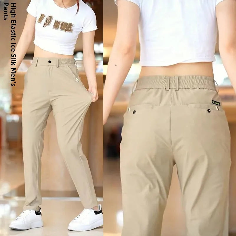 High Elasticity Ice Silk Casual Pants Men's Summer Thin Style Quick Dry Fashion Business Straight Leg Pants