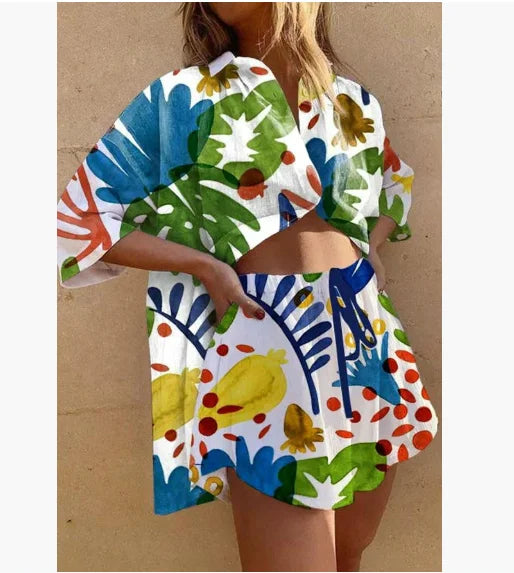 2025 New Summer Vacation Shorts Set 3D Printed Seaside Tropical Casual Lapel Shirt Blouse Top Shorts 2-Piece Suits Beach Holiday