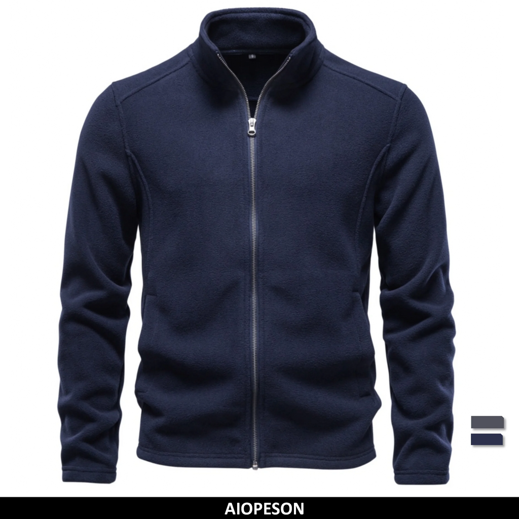 AIOPESON Men's Fleece Jacket Full Zip Stand Collar Solid Color Polar Fleece Outerwear Autumn Winter Outdoor Casual Light Coat