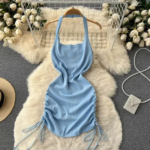 2024 Fashion Y2K Solid Knitted Women Dress Sexy Halter Backless Slim Elastic Bodycon Summer Short MiniDress Streetwear Vestidos