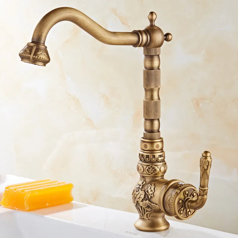Tuqiu Basin Faucet Antique Sink Faucet Carved Bathroom Faucet Rotate Hot & Cold Brass Kitchen Faucet FWater Mixer Tap Crane