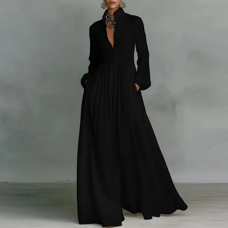 French Elegant High Waist Swing Long Dress Woman Spring Solid Pockets Pleated Maxi Dress Autumn Long Sleeve Button Evening Dress