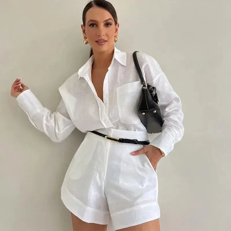 2026 New Women's Long Sleeve 2-Piece Set Casual Button Detail Shorts Outfit Shirt Top Summer Fashion Female Suit Y2k Clothing