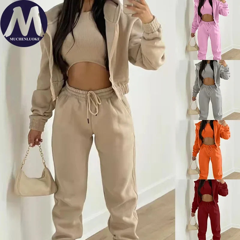 Women's 3-Piece Set Long Sleeve Hooded Sport Coat Casual Loose Lace-Up Pants Autumn Winter Fashion Outfit Versatile Clothing
