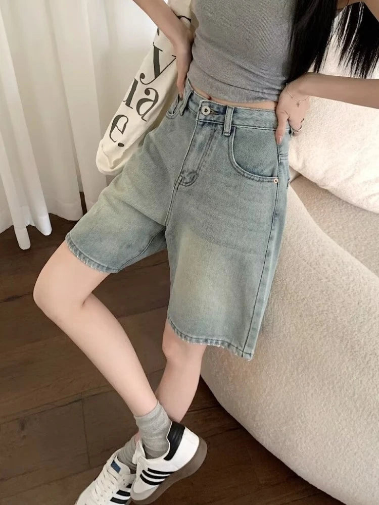 Summer High Waist Retro Jean Shorts for Women Loose Straight Denim Fashion Versatile Leisure Shorts Women's 2026