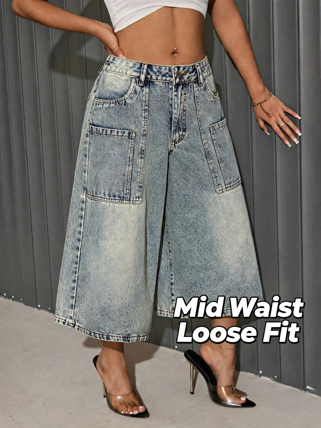 Women's Denim Shorts Mid Waist Wide Leg Faded Wash Multi Pockets Knee Length Loose Fit Vintage Casual Bermuda Jean Culottes
