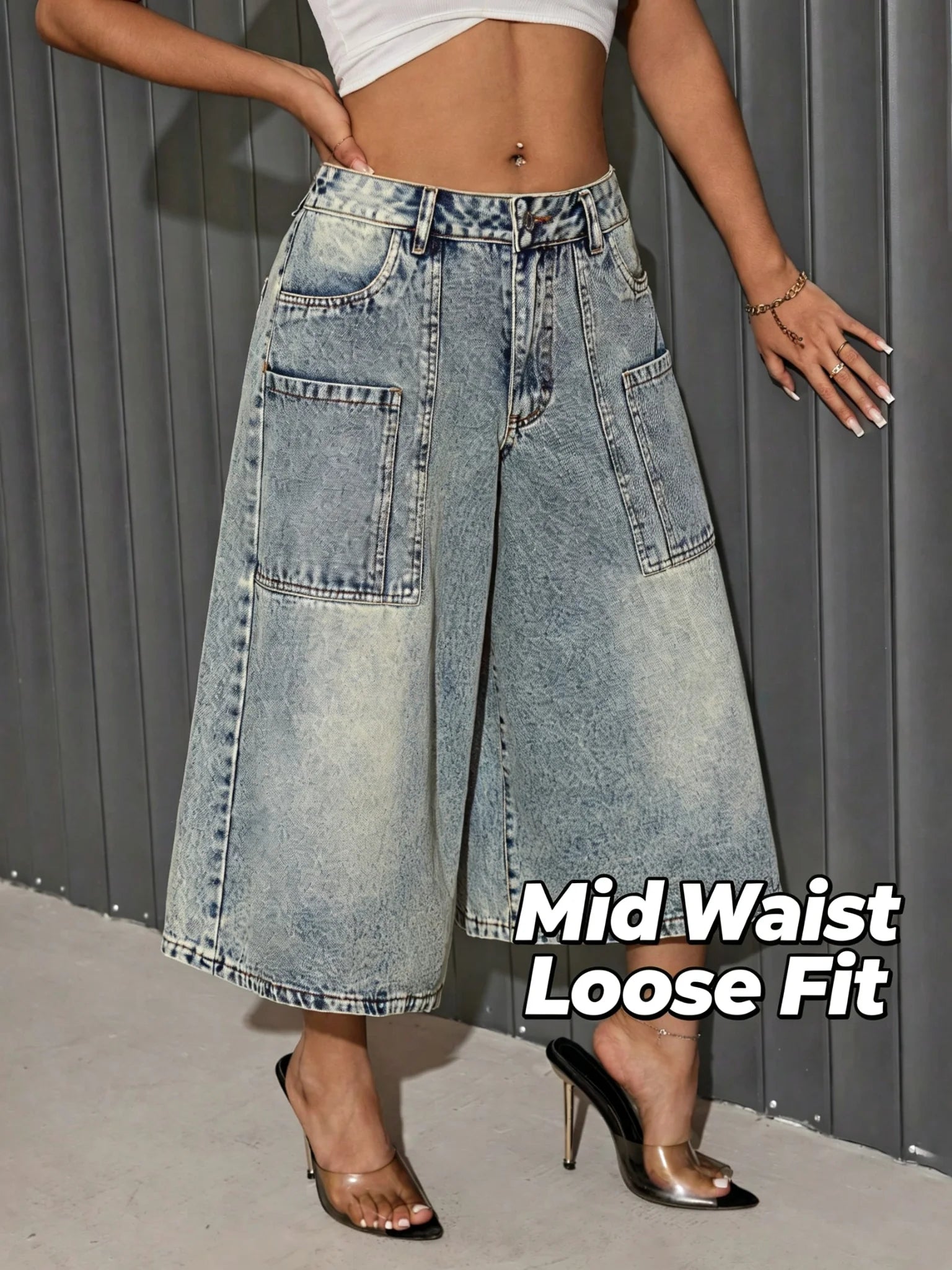 Women's Denim Shorts Mid Waist Wide Leg Faded Wash Multi Pockets Knee Length Loose Fit Vintage Casual Bermuda Jean Culottes