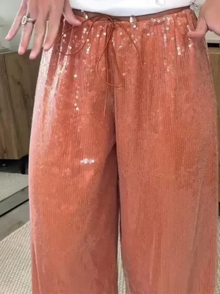 Solid Sequin Elastic Waist Pants Women Loose Fashion Lace Up Wide Leg Trousers Female 2026 Spring Summer Chic Streetwears Outfit