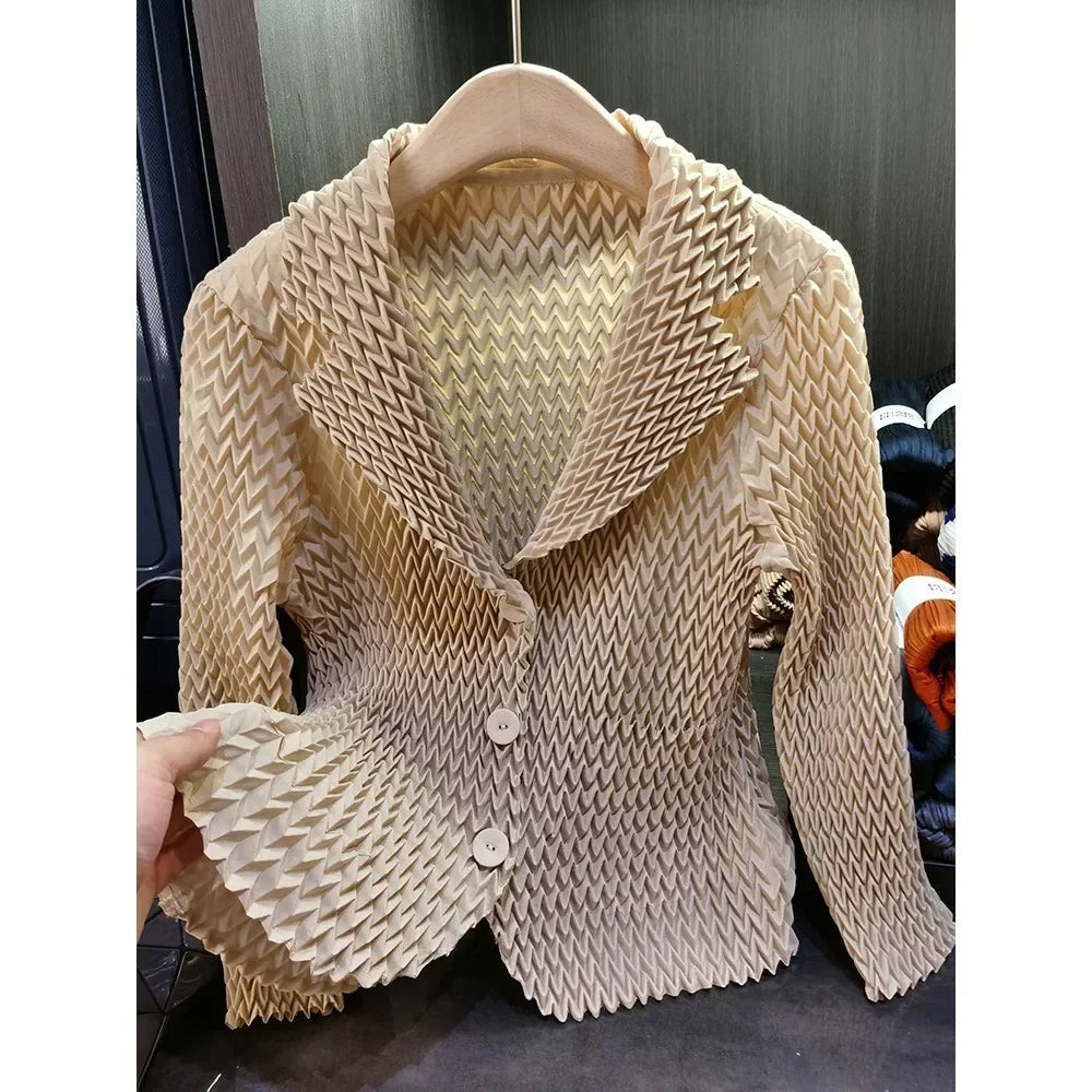 Pleats Original High-end Simple Solid Wave Pleated Small Suit Casual Versatile Long-sleeved Short Jacket Female Spring New
