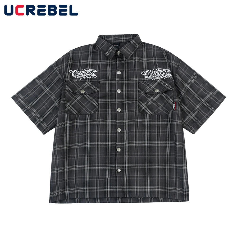 Chicano Safari Short Sleeve Shirt Mens Summer Streetwear Casual Loose Letter Embroidery Lapel Plaid Shirt Man