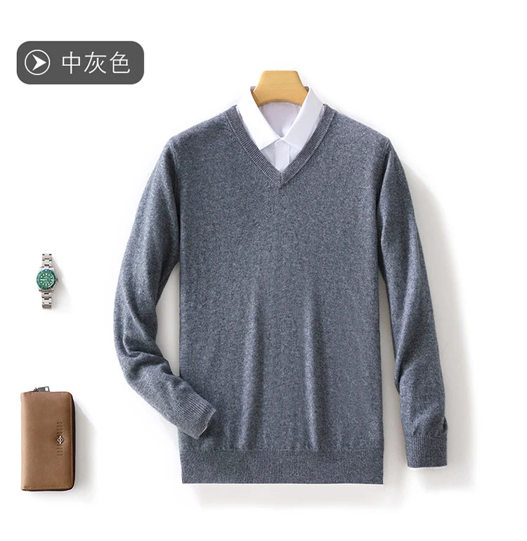 100% Merino Wool Men's V-Neck Pullover Autumn and Winter Basic Knit Versatile Sweater Casual Long Sleeve Shirt Cashmere Man Top