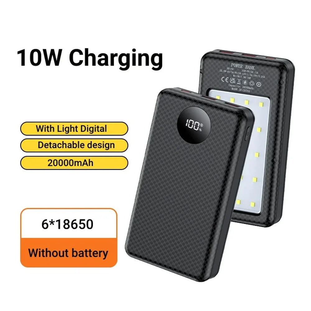 6x18650 Battery Holder 10W Fast Charging Digital Display DIY Mobile Power Case Dual USB Type C Wireless Charging Power Case