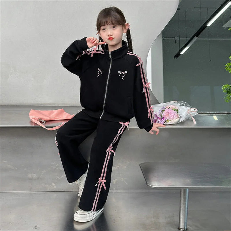 Girls Casual Sets Children Spring Autumn Sports Suits Kids Long-sleeved Jacket+Pants 2Pcs Outfits 2025 Teenager New Bow Clothes