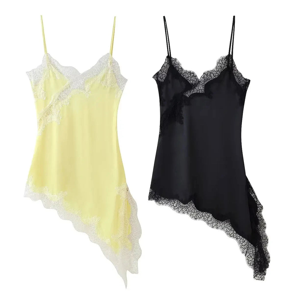 HH Female Summer Fashion Lace Splicing Dresses Solid Sleeveless Asymmetry Backless Slim Women's Sexy Party Sling Mini Dress