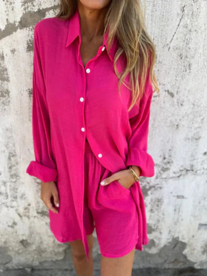 2026 Women's Casual Solid Color Cotton and Linen Shorts Long Sleeve Wrinkle Shirt Two-piece Set