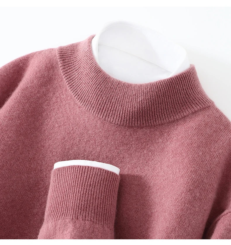 Autumn/Winter Men's 100% Pure Cashmere Pullover Business Casual Solid Knitted Sweater Loose Half High Neck Tops Thick Jumper