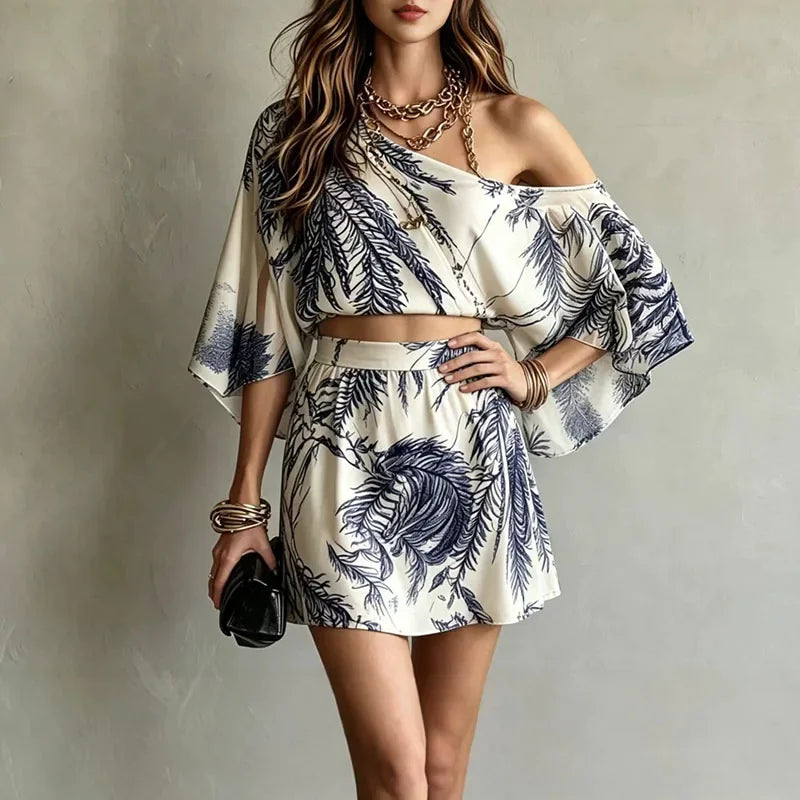 ROSAVA Women Fashion Leaf Print Bohemian Vacation Outfit Sexy Skew Collar Hollow Top A Line Skirt Suit Spring Flare Sleeve Loose