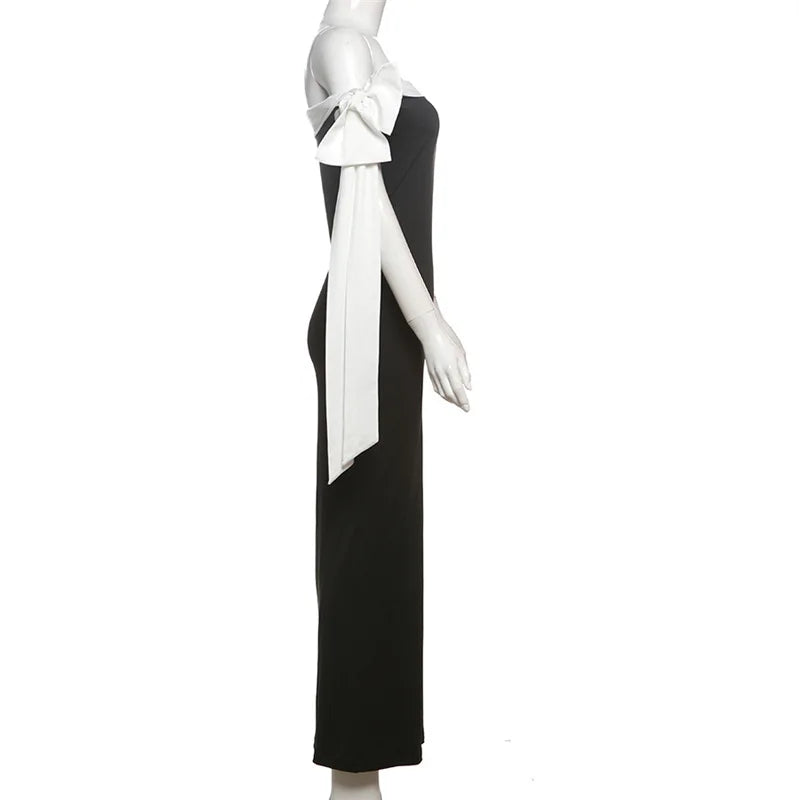 Tuularose Summer Bandage Long Dress Women's Elegant One Shoulder Bow Tie Slim Evening Dress Sexy Patchwork Party Dress Y2k 2025