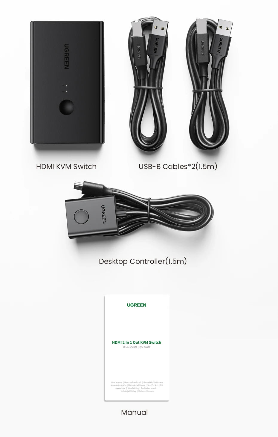UGREEN HDMI-compatible KVM Switch 4K@60Hz USB 2.0 Switcher  for Printer Monitor Mouse 2 PCs Sharing 1 Device with HDMI Cables