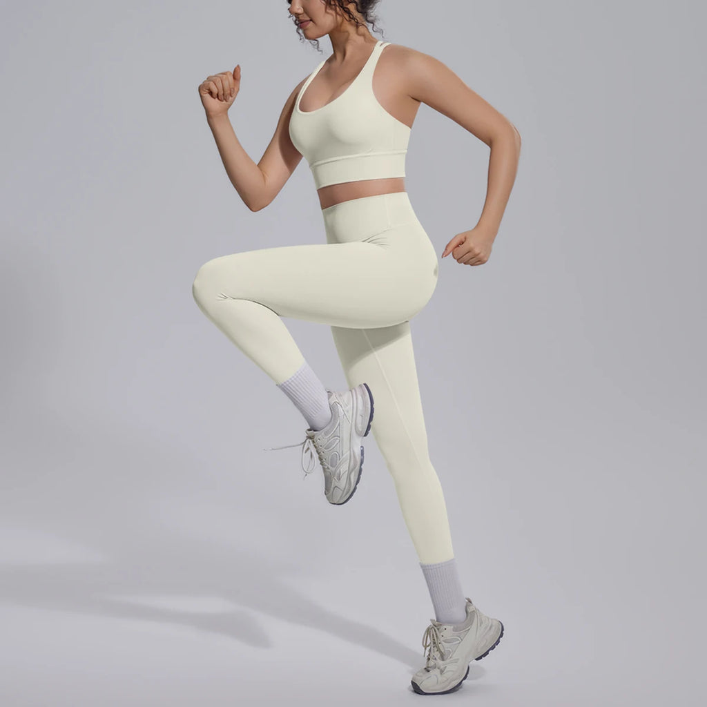 2PCS Yoga Set Summer Gym Sports Running Yoga Clothing Solid Color Cross Bra Workout Top High Waisted Quick Drying Fitness Pants