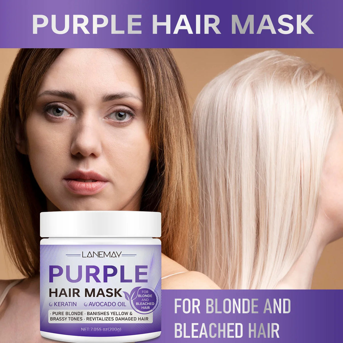Purple Hair Mask for Blonde & Bleached Hair - Keratin Avocado Oil Toner, Neutralize Brass & Yellow, Repair Damaged Hair 200g