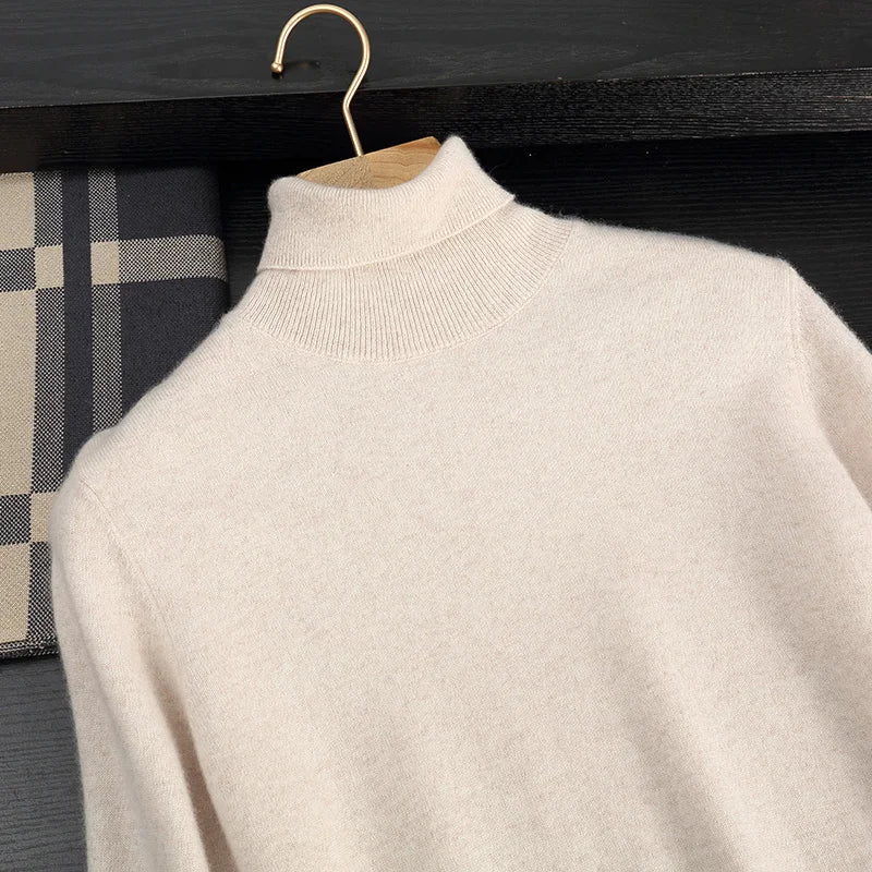 Autumn/Winter Men's 100% Cashmere Pullover Business Casual Solid Knitted Sweater Loose High Collar Tops Basic Thick Warm Jumper