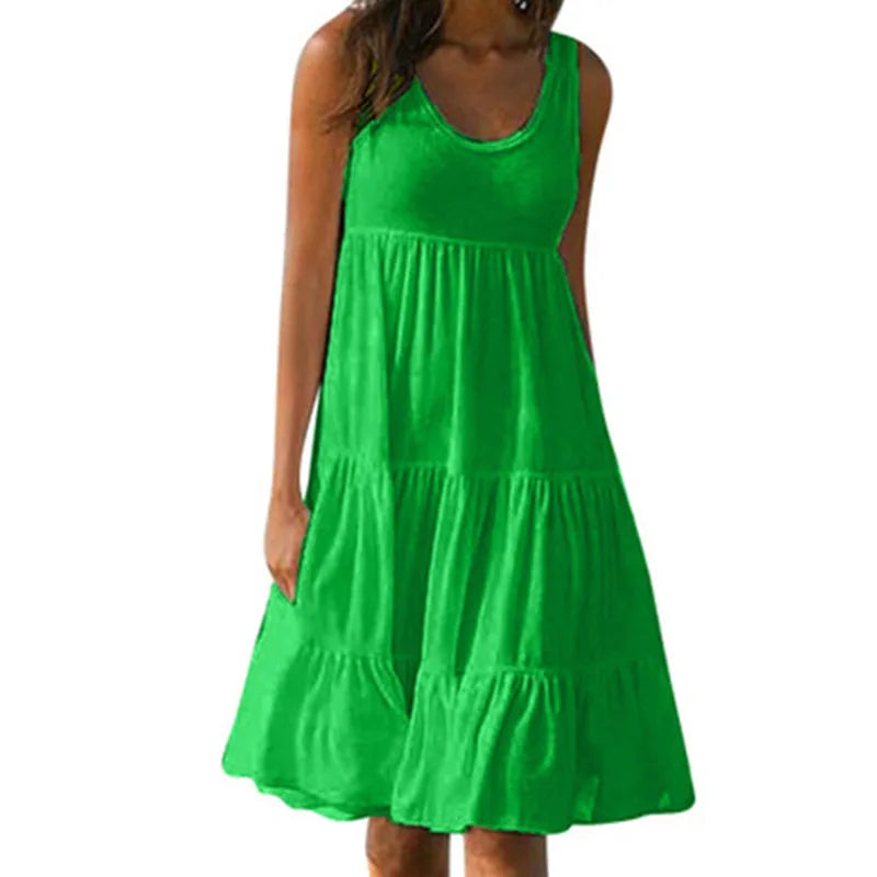 Bohemian Women's Casual O Neck Sleeveless Ruffle Mini Dress Solid Color Beach Tank Top Oversized Loose Dress Plus Size Women3029