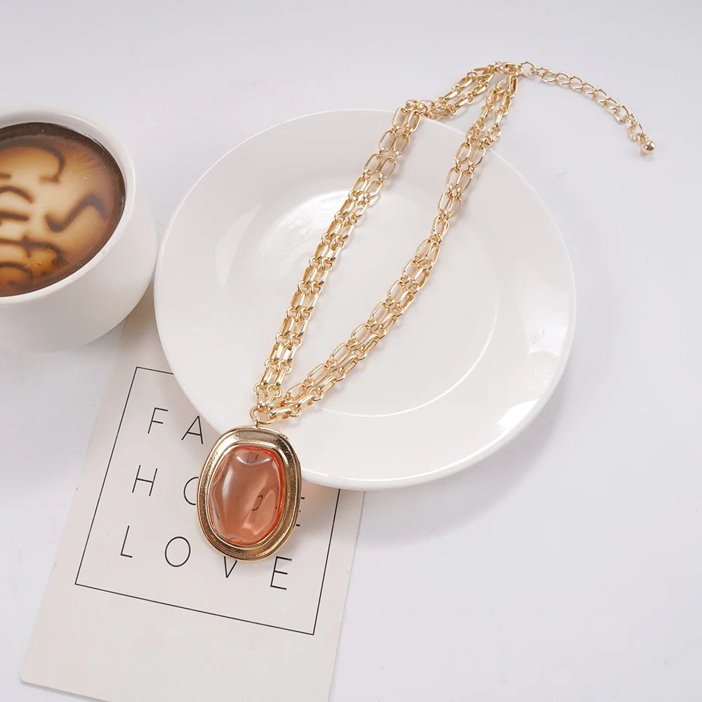 Peach Stone Layered Gold Chain Necklace (Modern Minimalist) Statement Jewelry Perfect For Brunch Date Stylish Outfits That Blend