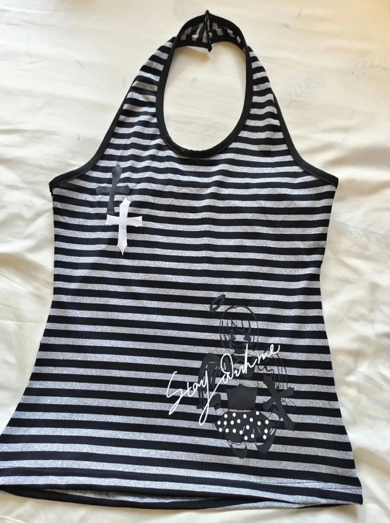 Retro Hottie Tank Tops Y2K Striped Halter Backless Cami Top Women Grunge Streetwear Slim Fit Sleeveless Shirt Graphic Sexy Vest