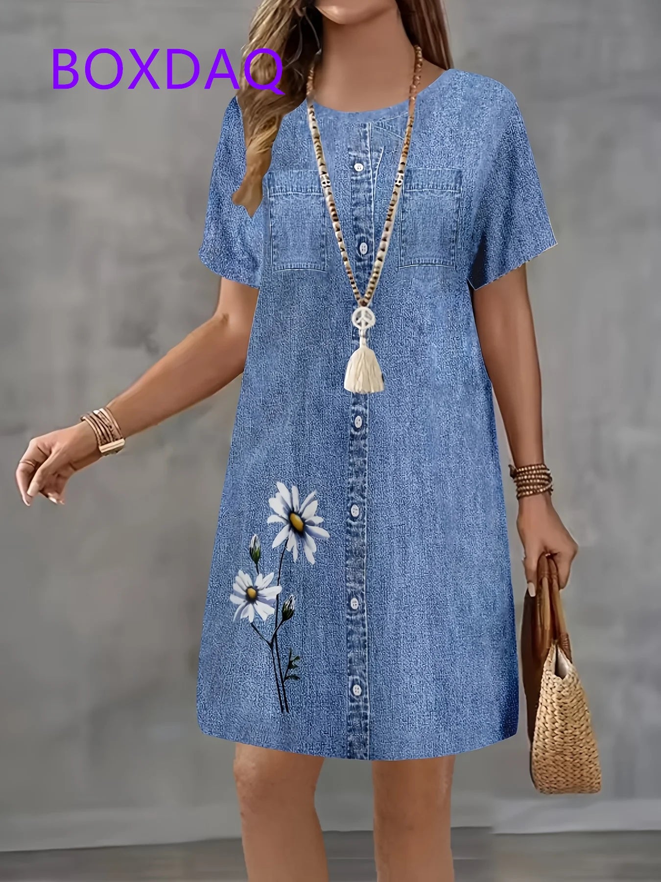 Fashion Trend 3D Imitation Denim Pattern Women's Dress New Summer Street Denim Flower Print Short Sleeve Loose Casual Mini Dress