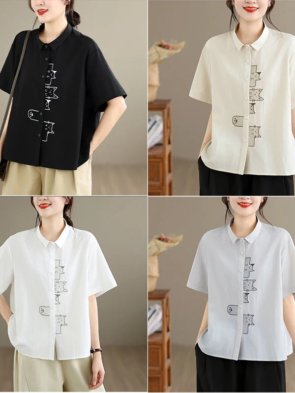 Casual Style Embroidered Pure Cotton Loose Fit Short Sleeve Shirt Women's plus Size Slimming Versatile White Summer Shirt