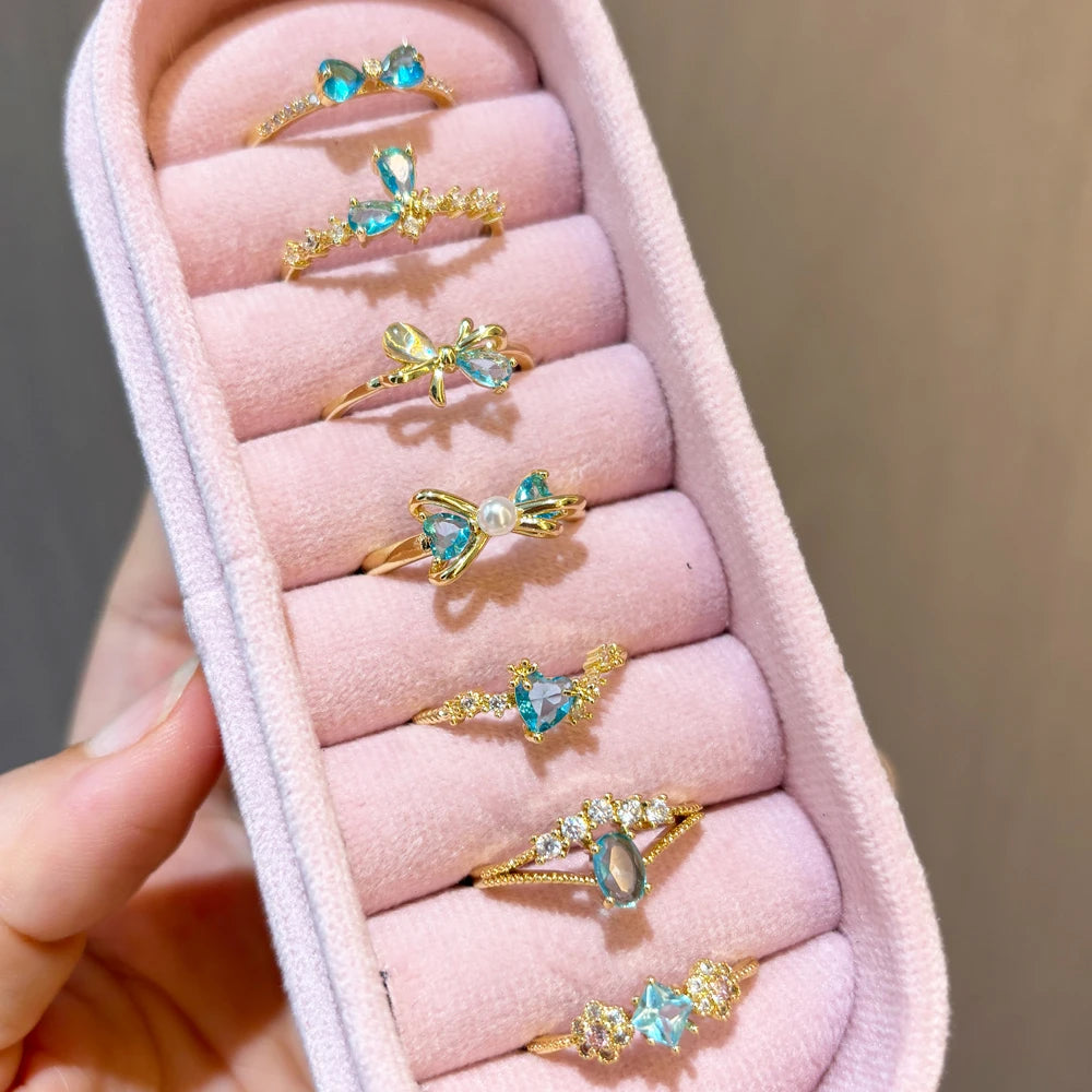 Vintage Blue Crystal Bow Knot Rings Women Gold Plated Open Adjustable Ring Sweet Heart Zircon Pearl Finger Ring Fashion Jewelry