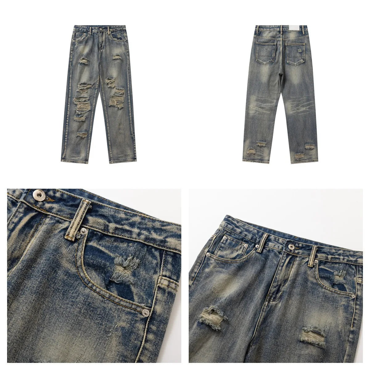 Men's Vintage Washed Distressed Ripped Tapered Jeans Slim Fit Straight Leg Destroyed Denim Pants Streetwear Y2k Jean Trousers