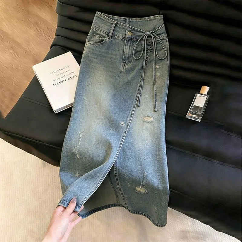 Side Slit Denim Long Skirts Womens Summer Vintage Floral Embroidery Jeans Pencil Skirt Bandage High Waist Women Long Skirt