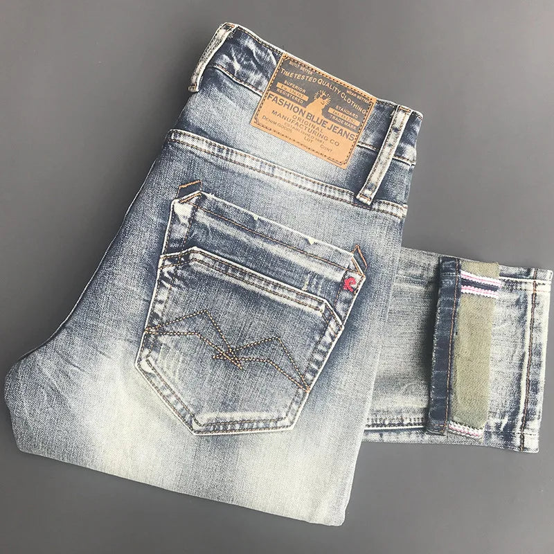 New Trendy Brand Jeans for Men Spring Autumn Slim Fit Small Feet Elastic Water Washed Retro Trendy Casual Long Pants