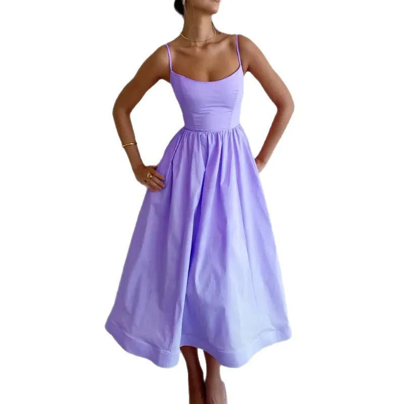 Summer Dress Woman White Spaghetti Strap Dresses Women's Sleeveless High Waist Maxi Dress Pastel Lavender Cotton Look Fabric