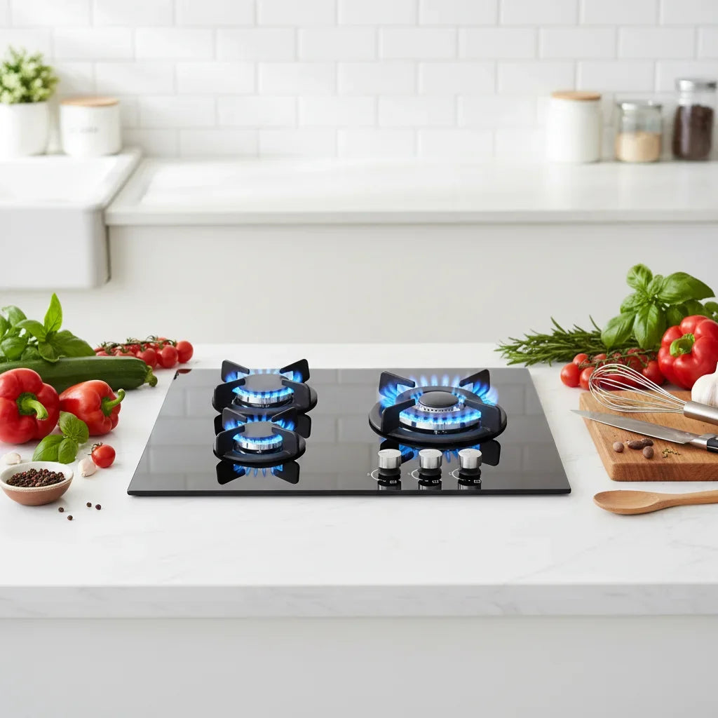3 Burner Built-in Gas Hob 60cm Black Tempered Glass LPG Gas Cooktop with Timer Knob Control Kitchen Stove
