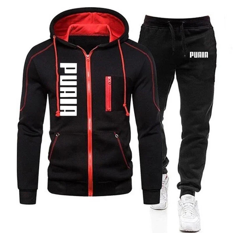 New autumn and winter thickened men's zipper jacket + pants two-piece set, fashionable outdoor jogging men's casual sportswear