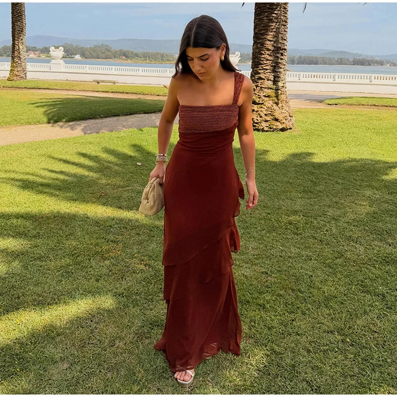 Elegant Patchwork Women's Dress Sleeveless Cascading Ruffle Skew-Collar Lady Long Dresses 2026 Summer Chic Female Vacation Robe