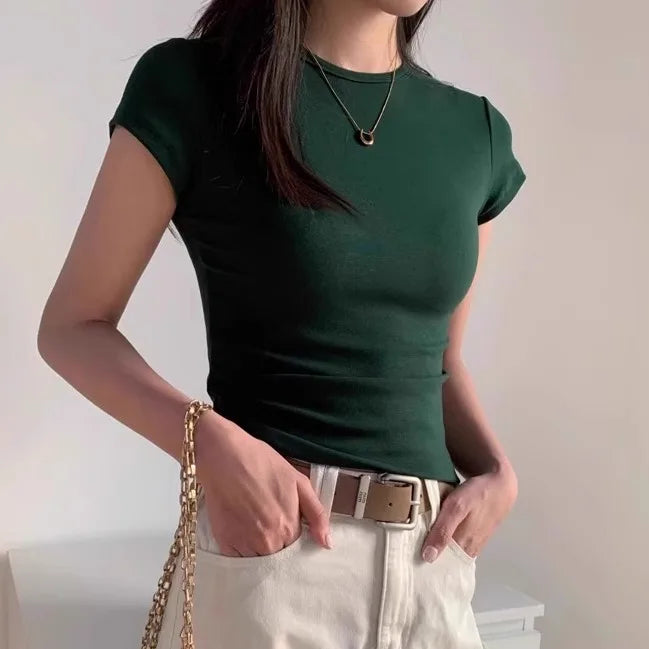 Green Slim Fit Short Sleeve T-Shirt Women's Summer New Style Pure Cotton round Neck Body Shaping Slimming Commute Style Korea...