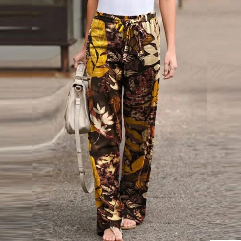 High Waist Drawstring Straight Women Pants 2024 Spring Fashion Loose Trousers Vintage Printed Casual Ladies Wide-Leg Long Pant