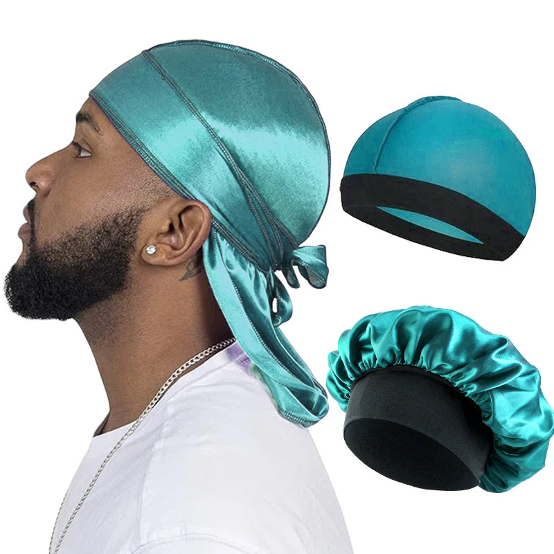 3PCS/LOT Women Men Silky Durag Long Tail Pirate Hat Elastic Bonnet Turban Dome Cap Unisex Bandanas Sleeping Shower Cap Head Wrap