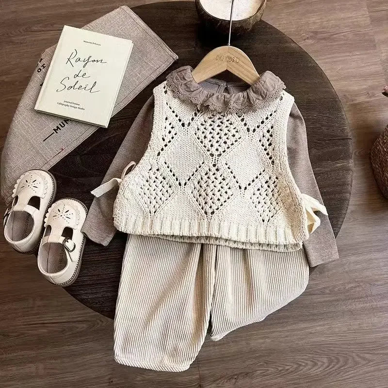 Childrens Clothing Set 2026 New Childrens Yarn Vest Base Shirt Baby Spring and Autumn Pants Three Piece Set