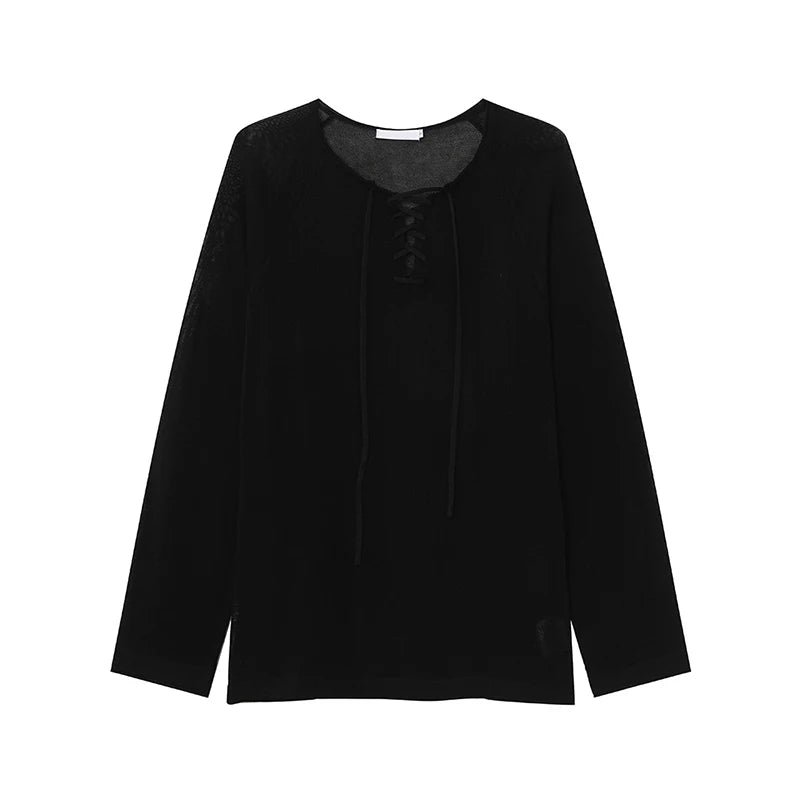 IEFB Niche Design Men's Tees Long Sleeved Round Collar Lace-up Solid Color Simple Tops Loose Pullover Male Tees Autumn 9X533