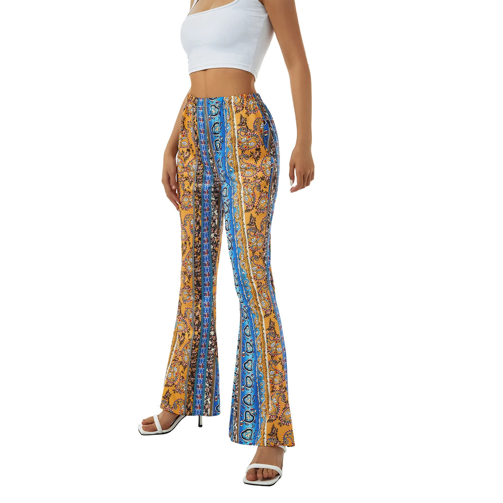 Women Spring Summer Floral Print Elastic Waist Flare Pants Casual High Waist Slimming Long Pants Trousers Leggings Streetwear