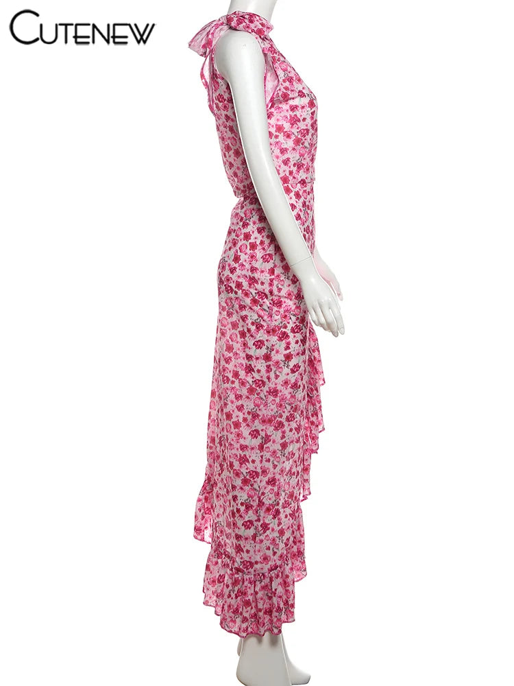 Cutenew Floral Print Women Midi Dresses Fashion Incline Shoulder Bandage Ruffle Splited Vestidos Female Vacation Street Bodycon