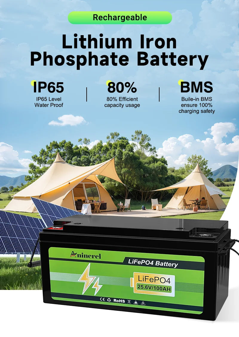 Aninerel  24V 100Ah 2560Wh Lithium LiFePO4 Battery with 100A BMS Perfect for RV Golf Cart Solar Power System Trolling Motor