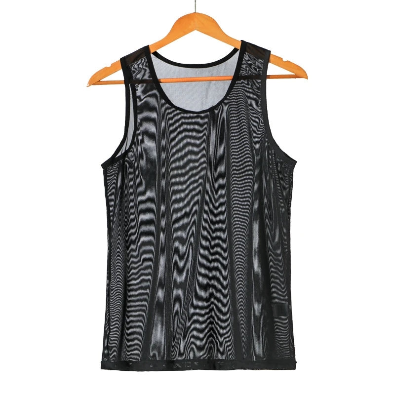 Men Sleeveless Mesh Sheer Tank Outwear Training Vest Fishnet Hollow Out See Through Undershirt
